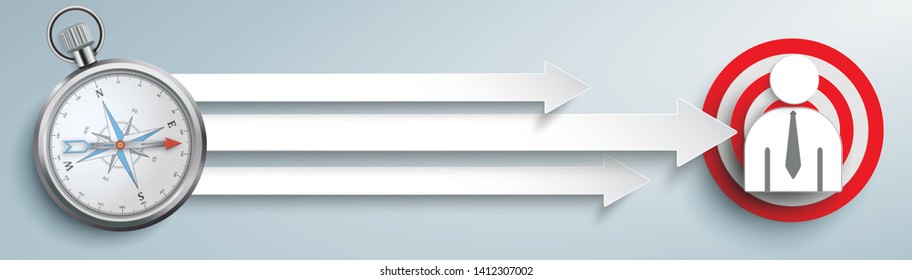 White arrows with compass, businessman and red target on the gray background. Eps 10 vector file.
