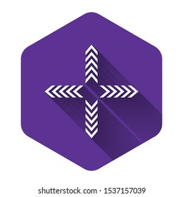 White Arrows in four directions icon isolated with long shadow. Purple hexagon button. Vector Illustration