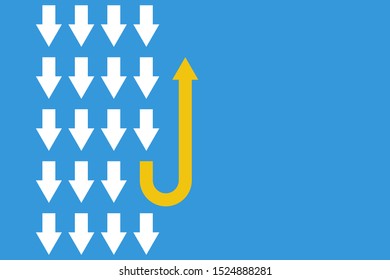 White Arrows Group In One Direction And Yellow Arrow With Different Way, Business Innovations Or New Strategy Vector Concept