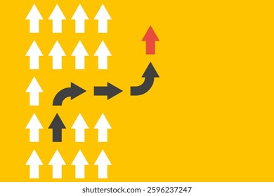 white arrows group in one direction and black arrows with different way, business innovations or new strategy vector concept, follow leader illustration, change game rules