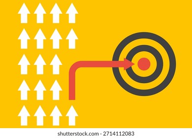 Grupo de flechas blancas en una dirección y flecha roja con diferentes maneras, innovaciones de negocios o nuevo concepto de Vector de estrategia