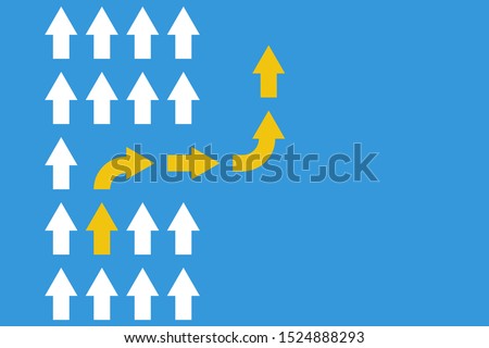 white arrows group in one direction and yellow arrow with different way, business innovations or new strategy vector concept