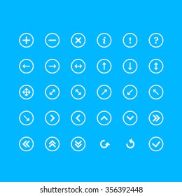 White arrows icons on blue background. Add icon, delete icon, info icon, attention icon and help icon.