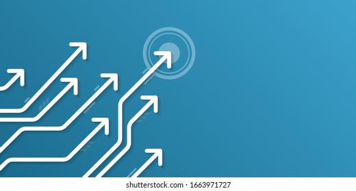 White up arrows on blue background with copy space, business growth concept.