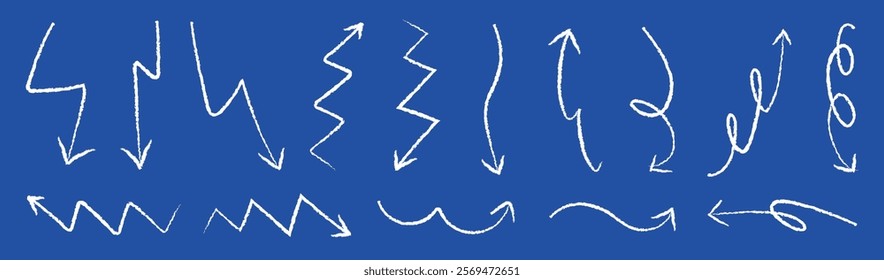 White arrows on a blue background. Arrows pointing in various directions. Curved and zigzag arrows. Blue and white contrast. Directional arrows. Doodle element vector set.