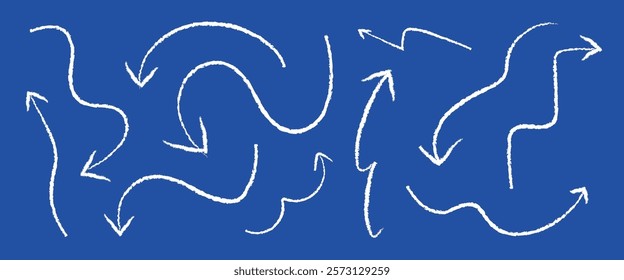 White arrows on a blue background. Arrows pointing in various directions. Blue and white contrast. Arrows and blue create a dynamic pattern. Doodle element vector set.