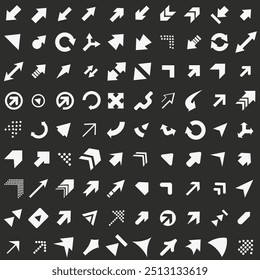 White arrows on a dark background. Collection of arrows. Arrows for templates and backgrounds. EPS 10.
