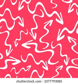 White arrows on pink background/ Seamless vector arrows pattern/ Wavy lined arrows pattern