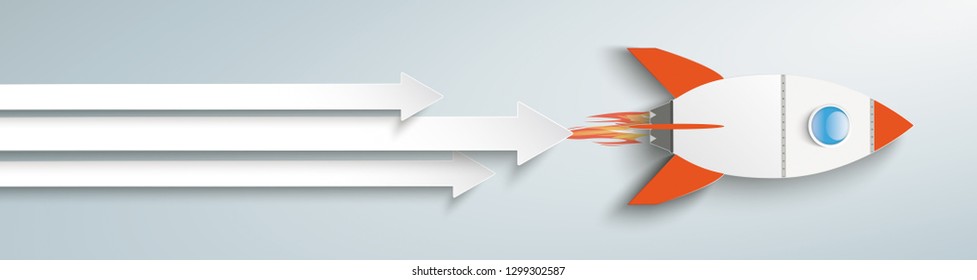 White arrows with a paper rocket on the gray background. Eps 10 vector file.