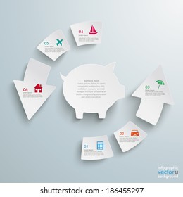 White arrows with piggy bank on the grey background. Eps 10 vector file.