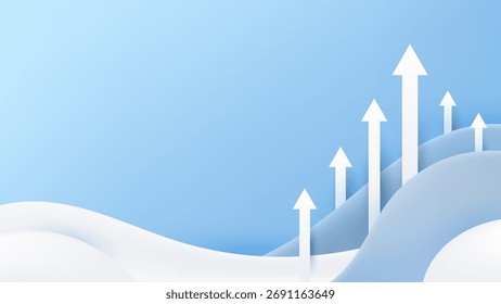 Flechas blancas que apuntan hacia arriba en las olas de papel en capas cortado Fondo azul que simboliza el crecimiento del negocio, el liderazgo, el trabajo en equipo y la innovación que muestran el progreso