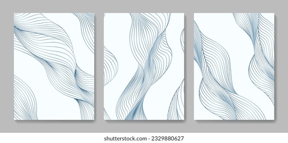 Fondo de arte blanco con olas azules dibujadas a mano en un estilo de arte lineal. Conjunto vectorial de carteles para diseño de portada, decoración, diseño interior, papel de pared, textil