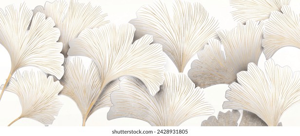 White art background with ginkgo leaves in hand drawn line art style. Botanical vector banner for decoration, print, textile, poster, wallpaper, interior design.