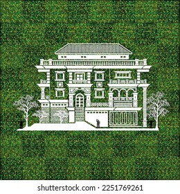 White art paper vector illustration of 3 storey classic house with columns, roof, stair, windows, doors and balustrade on dense leaf grass background.