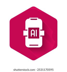 Weiß Künstliche Intelligenz KI-Symbol einzeln auf langem Schattenhintergrund. Maschinelles Lernen, Cloud-Computing, automatisierte Unterstützung und Netzwerke. Rosa Sechseck-Taste. Vektorgrafik