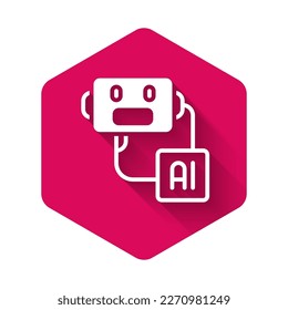 White Artificial intelligence robot icon isolated with long shadow background. Machine learning, cloud computing. Pink hexagon button. Vector
