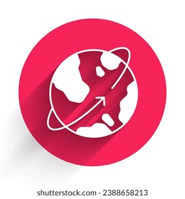 White Artificial satellites orbiting the planet Earth in outer space icon isolated with long shadow background. Communication, navigation concept. Red circle button. Vector