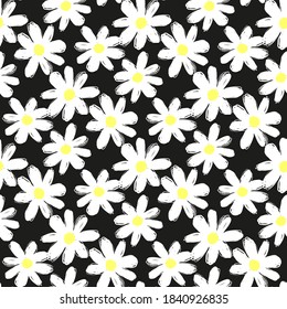 White artistic chamomile flowers isolated on black background. Cute floral seamless pattern. Vector flat graphic hand drawn illustration. Texture.