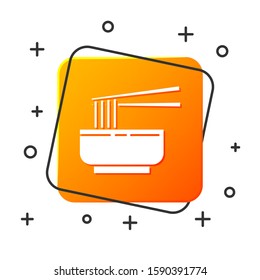 White Asian noodles in bowl and chopsticks icon isolated on white background. Street fast food. Korean, Japanese, Chinese food. Orange square button. Vector Illustration