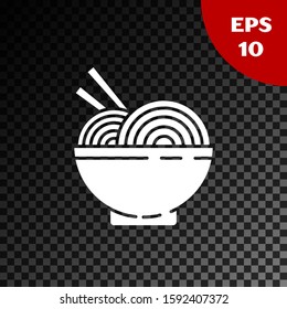 White Asian noodles in bowl and chopsticks icon isolated on transparent dark background. Street fast food. Korean, Japanese, Chinese food.  Vector Illustration