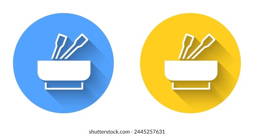 White Asian noodles in bowl and chopsticks icon isolated with long shadow background. Street fast food. Korean, Japanese, Chinese food. Circle button. Vector