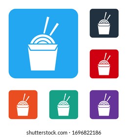 White Asian noodles in paper box and chopsticks icon isolated on white background. Street fast food. Korean, Japanese, Chinese food. Set icons in color square buttons. Vector Illustration