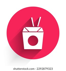 White Asian noodles in paper box and chopsticks icon isolated with long shadow. Street fast food. Korean, Japanese, Chinese food. Red circle button. Vector