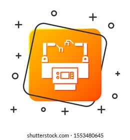 White Assembly line icon isolated on white background. Automatic production conveyor. Robotic industry concept. Orange square button. Vector Illustration