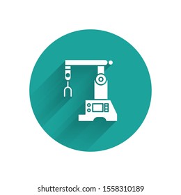 White Assembly line icon isolated with long shadow. Automatic production conveyor. Robotic industry concept. Green circle button. Vector Illustration