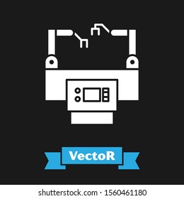 White Assembly line icon isolated on black background. Automatic production conveyor. Robotic industry concept.  Vector Illustration