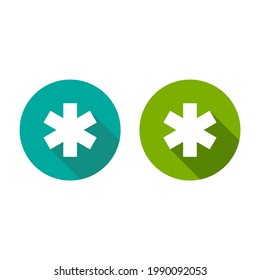 nota al pie de un asterisco blanco con sombra en círculo. Iconos de Asterisk establecidos. Icono plano del asterisco aislado en fondo blanco. Ilustración vectorial. Símbolo de la nota estrella para más información