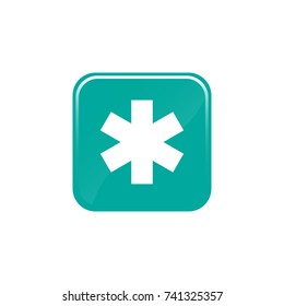 white asterisk footnote in turquoise glossy square. Asterisk sign. Flat icon of asterisk isolated on white background. Vector illustration. Star note symbol for more information