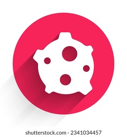 Icono de asteroide blanco aislado con una sombra larga. Botón de círculo rojo. Vector
