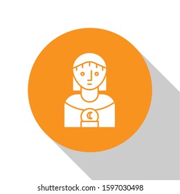 White Astrology woman icon isolated on white background. Orange circle button. Vector Illustration