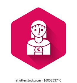 White Astrology woman icon isolated with long shadow. Pink hexagon button. Vector Illustration
