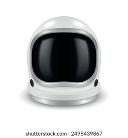 White astronaut helmet with black glass protective headdress for space travel realistic vector illustration. Cosmonaut spacesuit mask science fiction futuristic universe galaxy cosmos exploration