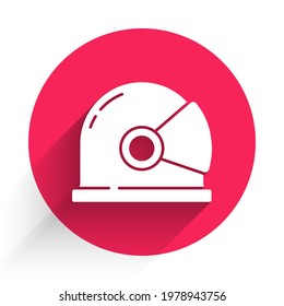 White Astronaut helmet icon isolated with long shadow. Red circle button. Vector