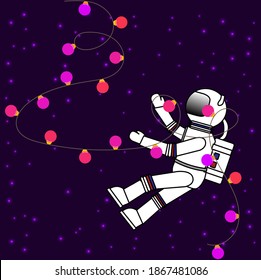 White astronaut in purple space with colorful christmas garland, flat simple vector illustration