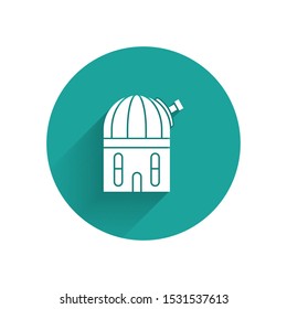 White Astronomical observatory icon isolated with long shadow. Green circle button. Vector Illustration