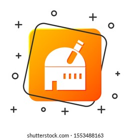 White Astronomical observatory icon isolated on white background. Observatory with a telescope. Scientific institution. Orange square button. Vector Illustration