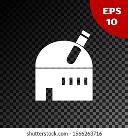 White Astronomical observatory icon isolated on transparent dark background. Observatory with a telescope. Scientific institution.  Vector Illustration