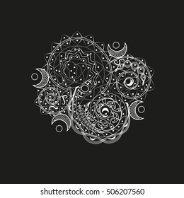 White asymmetric pattern
Abstract design tattoo pattern on the body of the author of henna hand made folk art style circle eps10 black background stock vector illustration