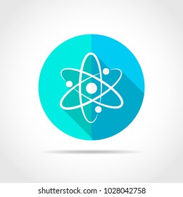 White atom in flat design with long shadow. Vector illustration. Simple atom icon on blue round button.