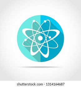 White atom in flat design with long shadow. Vector illustration. Simple atom icon on blue round button.