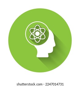 White Atom icon isolated with long shadow background. Symbol of science, education, nuclear physics, scientific research. Green circle button. Vector