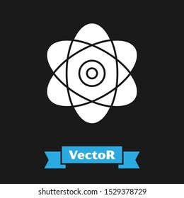 White Atom icon isolated on black background. Symbol of science, education, nuclear physics, scientific research. Electrons and protons sign.  Vector Illustration