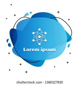 White Atom icon isolated on white background. Symbol of science, education, nuclear physics, scientific research. Abstract banner with liquid shapes. Vector Illustration