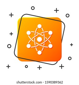 White Atom icon isolated on white background. Symbol of science, education, nuclear physics, scientific research. Orange square button. Vector Illustration