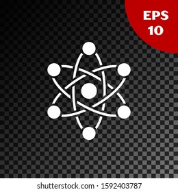 White Atom icon isolated on transparent dark background. Symbol of science, education, nuclear physics, scientific research.  Vector Illustration