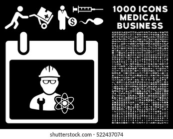 White Atomic Engineer Calendar Day vector icon with 1000 medical business pictograms. Set style is flat symbols, white color, black background.